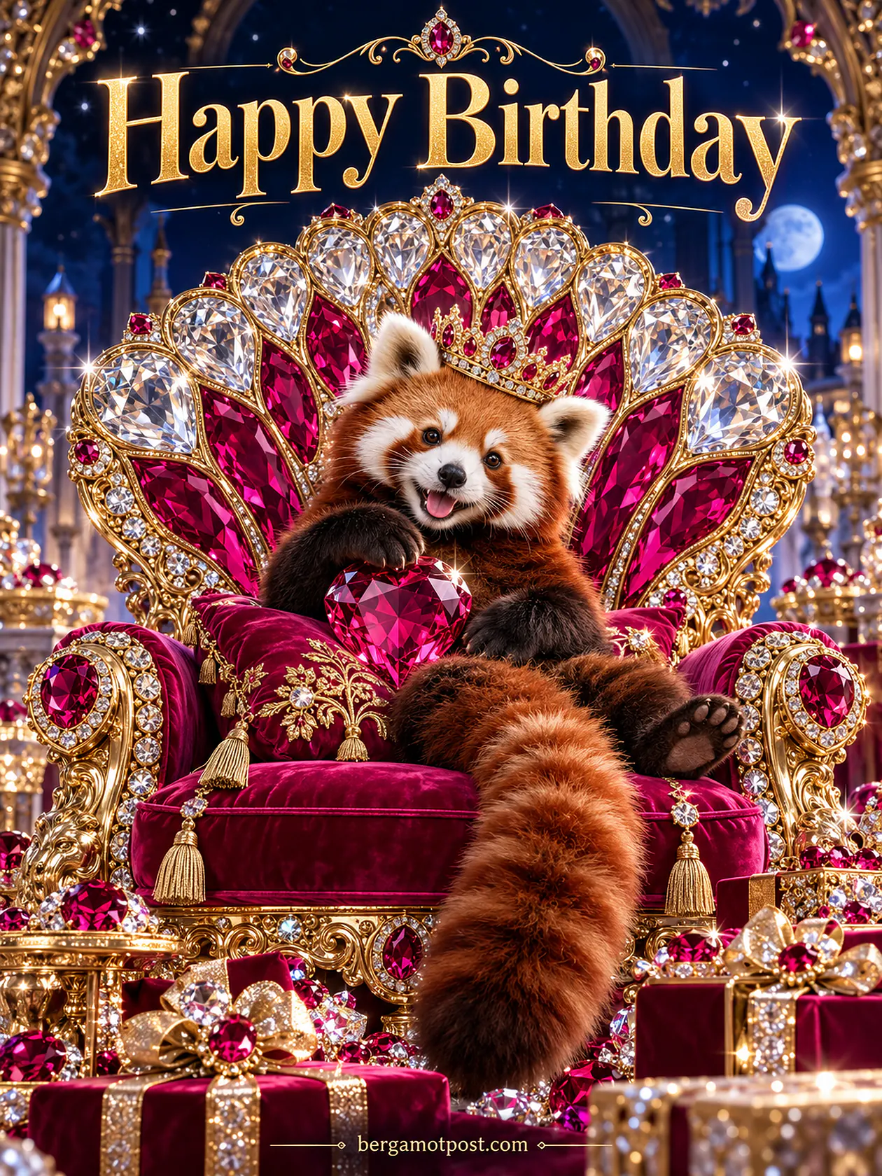 Happy Birthday Image — Red Panda on a Ruby Throne