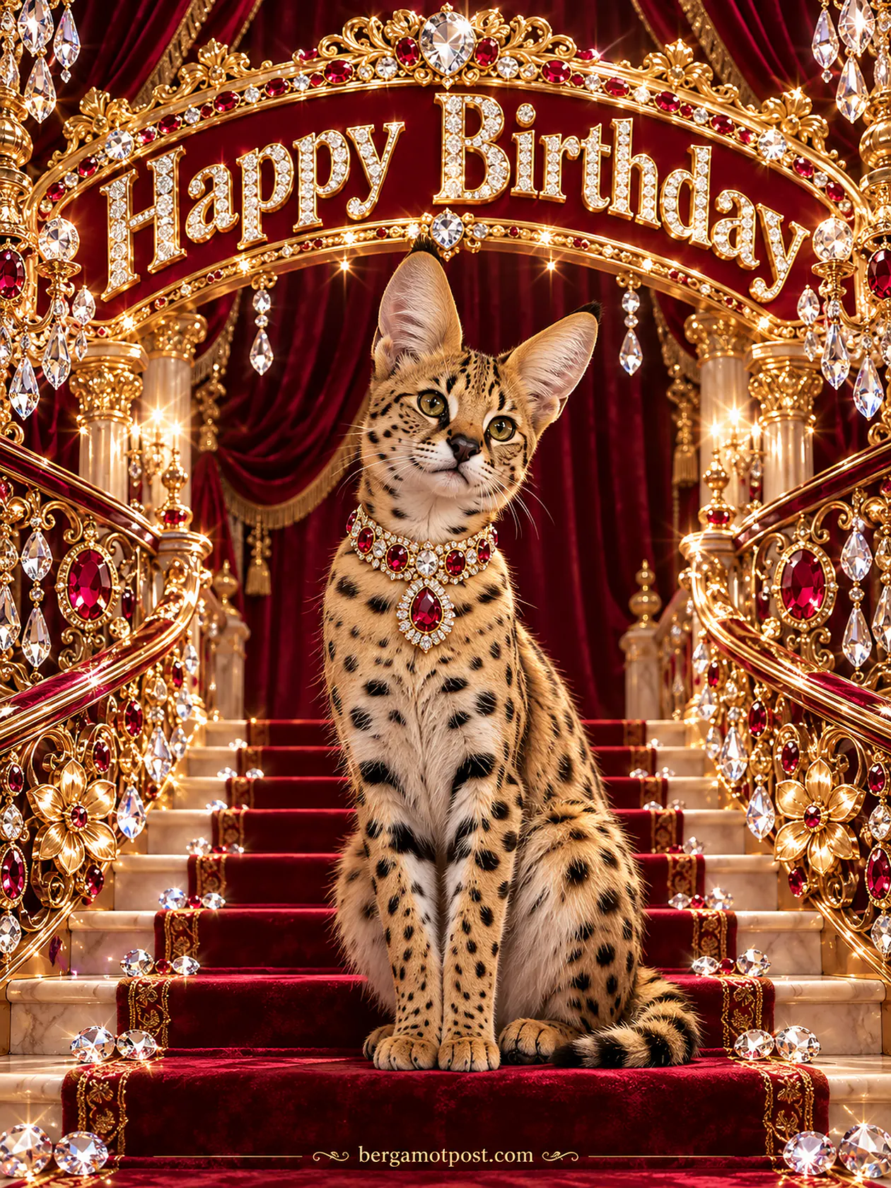 Happy Birthday Image — Serval Cat on Red Velvet Stairs