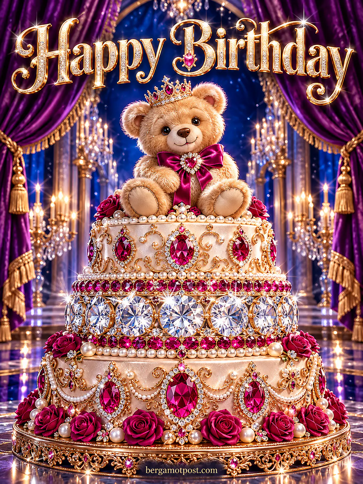 Happy Birthday Image — Teddy Bear in a Crown on a Jeweled Cake