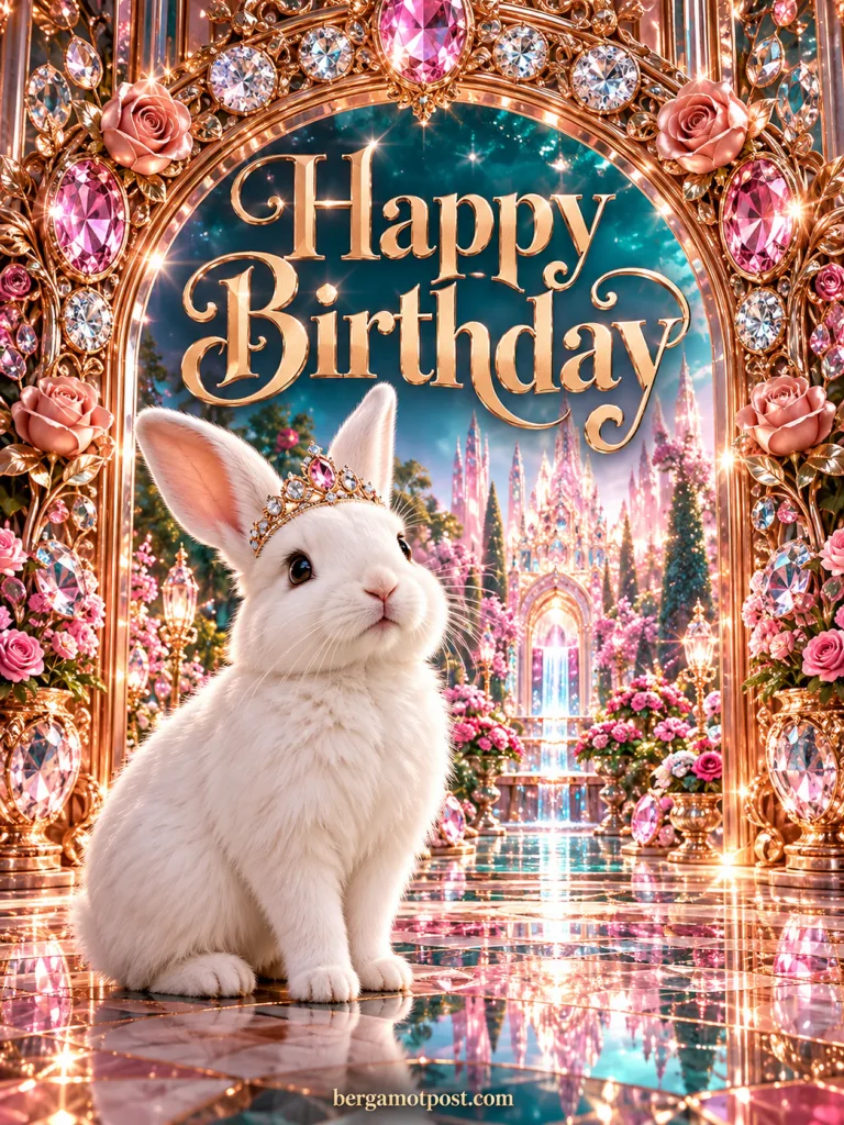 Happy Birthday Image — White Bunny Princess in a Rose Gold Palace