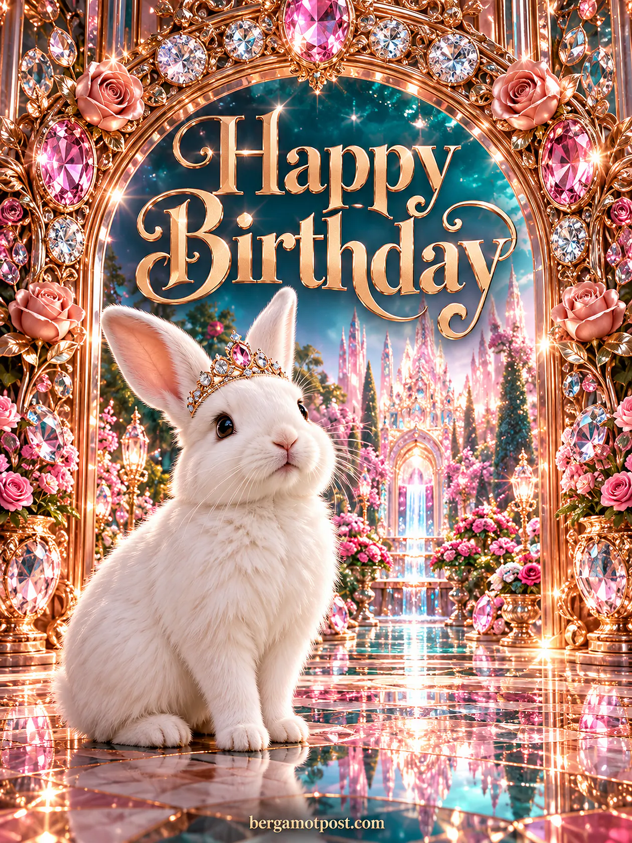Happy Birthday Image — White Bunny Princess in a Rose Gold Palace