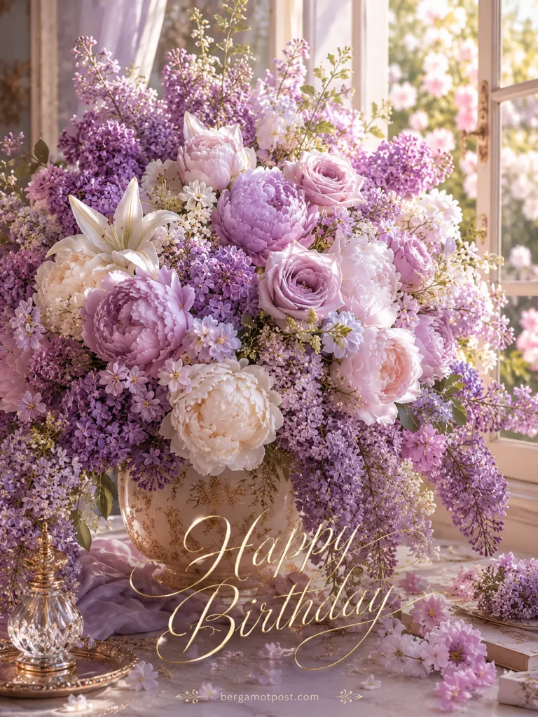 Lilac and Peony Birthday Card — Happy Birthday in Lavender Tones