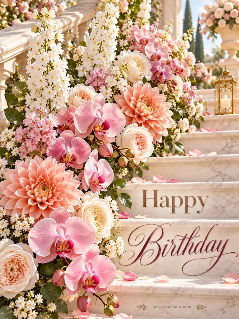 Happy Birthday Wishes on a Marble Staircase of Flowers
