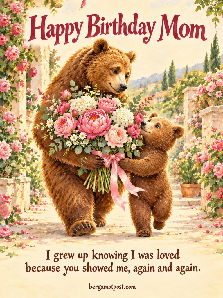Birthday Wishes for Mom — Mama Bear and Cub with Peonies