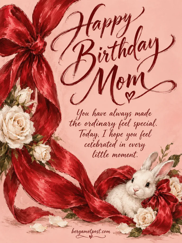 Happy Birthday Mom Wishes — White Bunny and Red Satin Ribbon