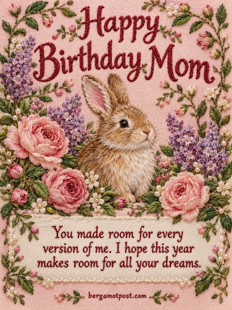 Happy Birthday Mom Wishes Image — Embroidered Bunny and Lilacs