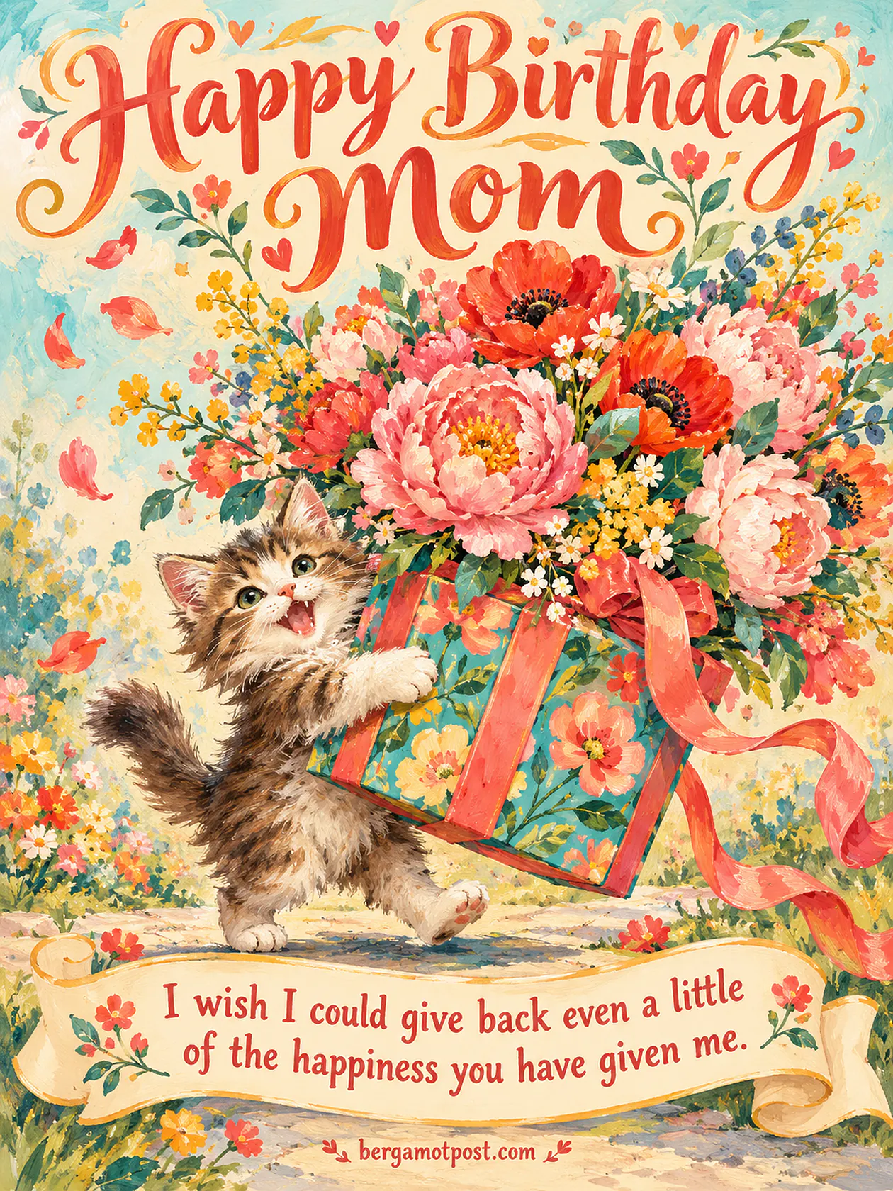 Happy Birthday Mom Image — Kitten Carrying a Gift of Flowers