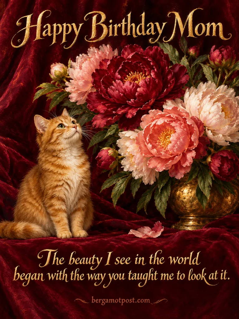 Happy Birthday Mom Image — Ginger Kitten and Velvet Peonies