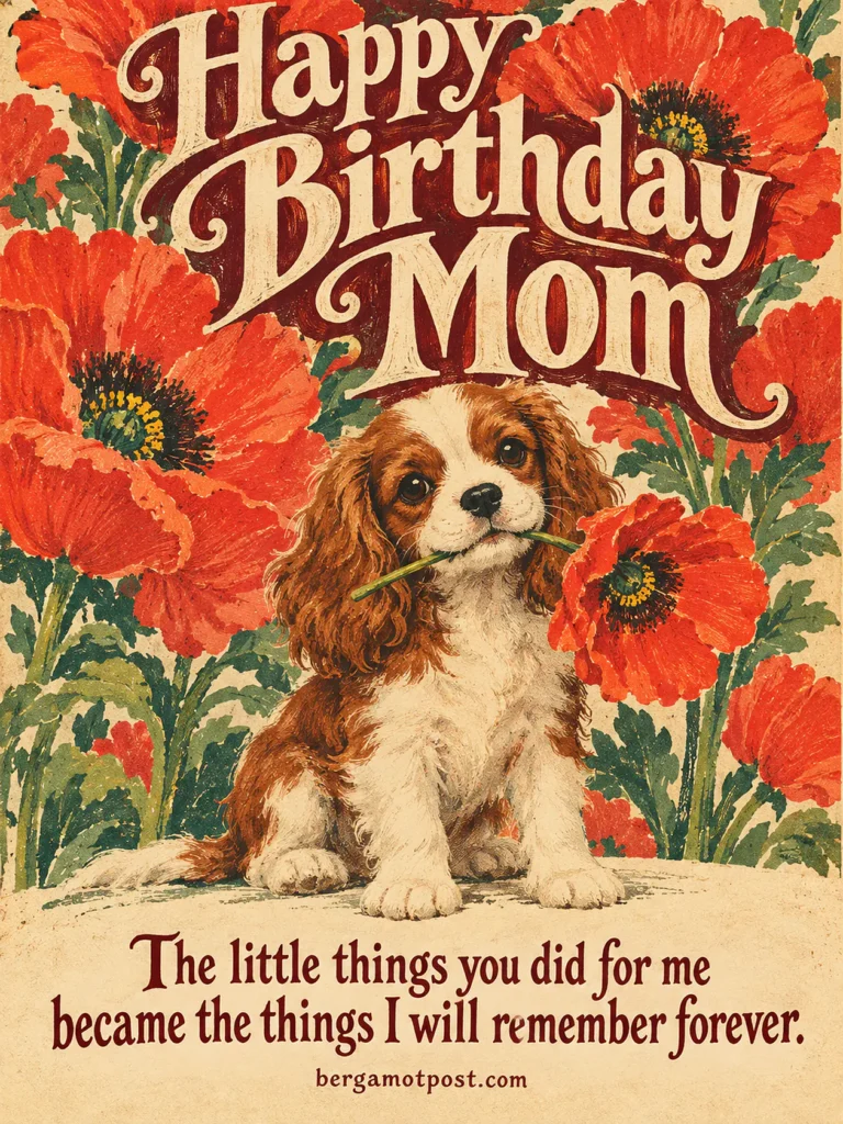 Happy Birthday Mom Wishes — Cavalier Puppy with a Red Poppy