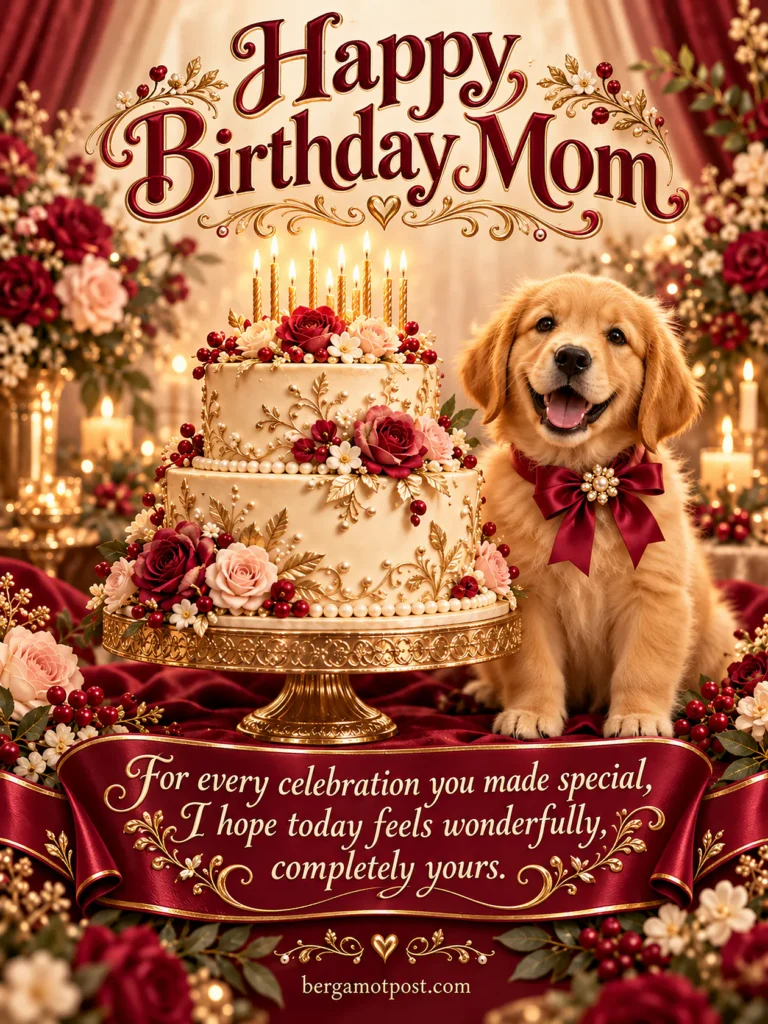 Happy Birthday Mom Wishes with a Golden Puppy and Rose Cake