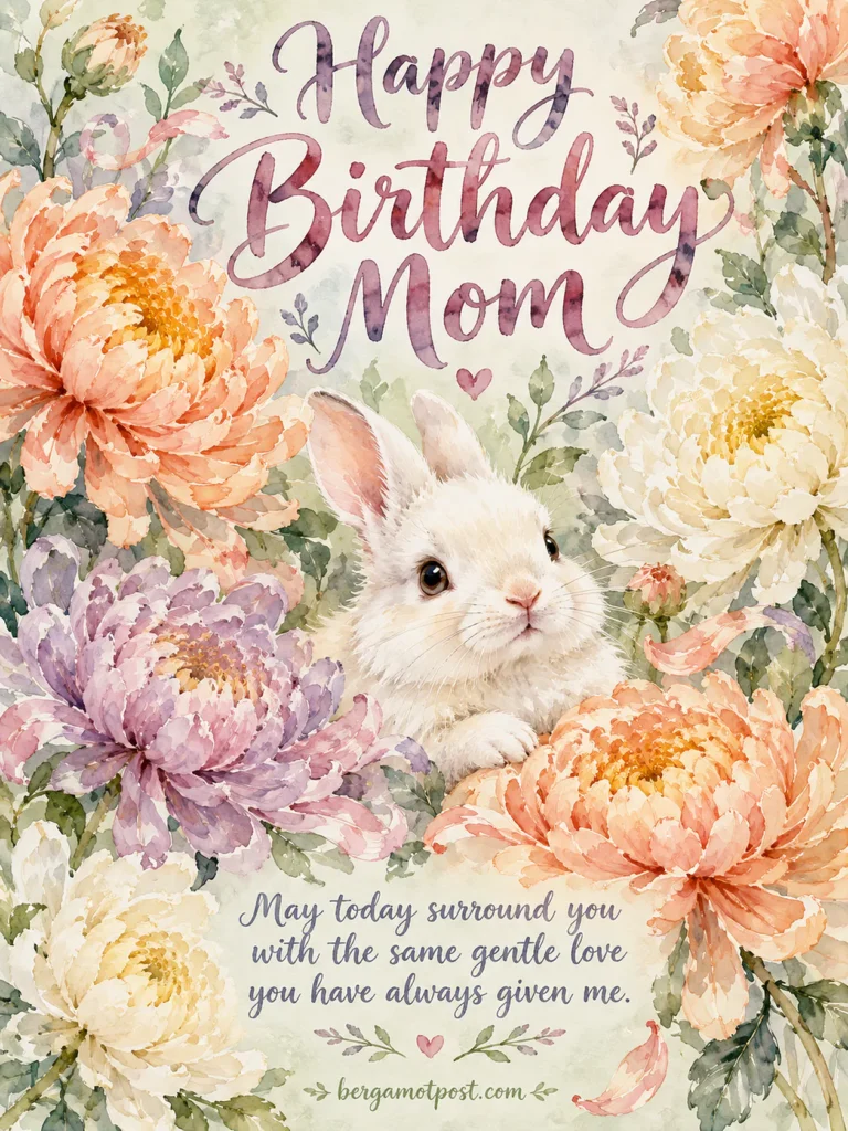 Happy Birthday Mom Watercolor Image — Bunny in Chrysanthemums