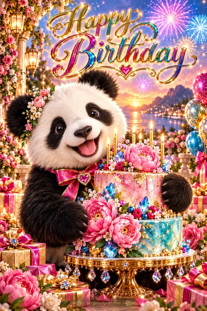 Animated Birthday Card — Happy Birthday from a Panda with a Crystal Cake