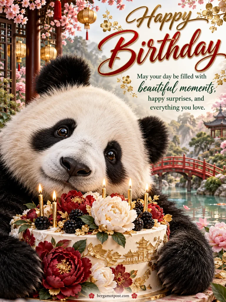 Happy Birthday Image with a Panda and a Peony Cake