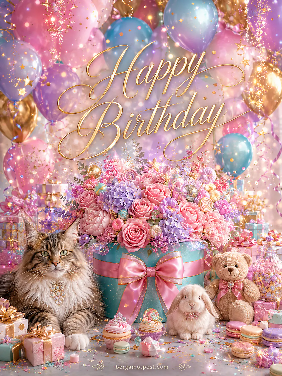 Pastel Birthday Card — Maine Coon Cat, Cupcakes and Candy-Colored Balloons