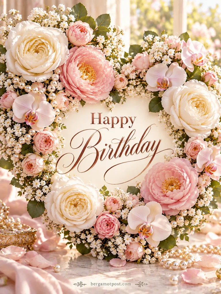 Happy Birthday Flower Wreath with Pearls – Image and Wishes