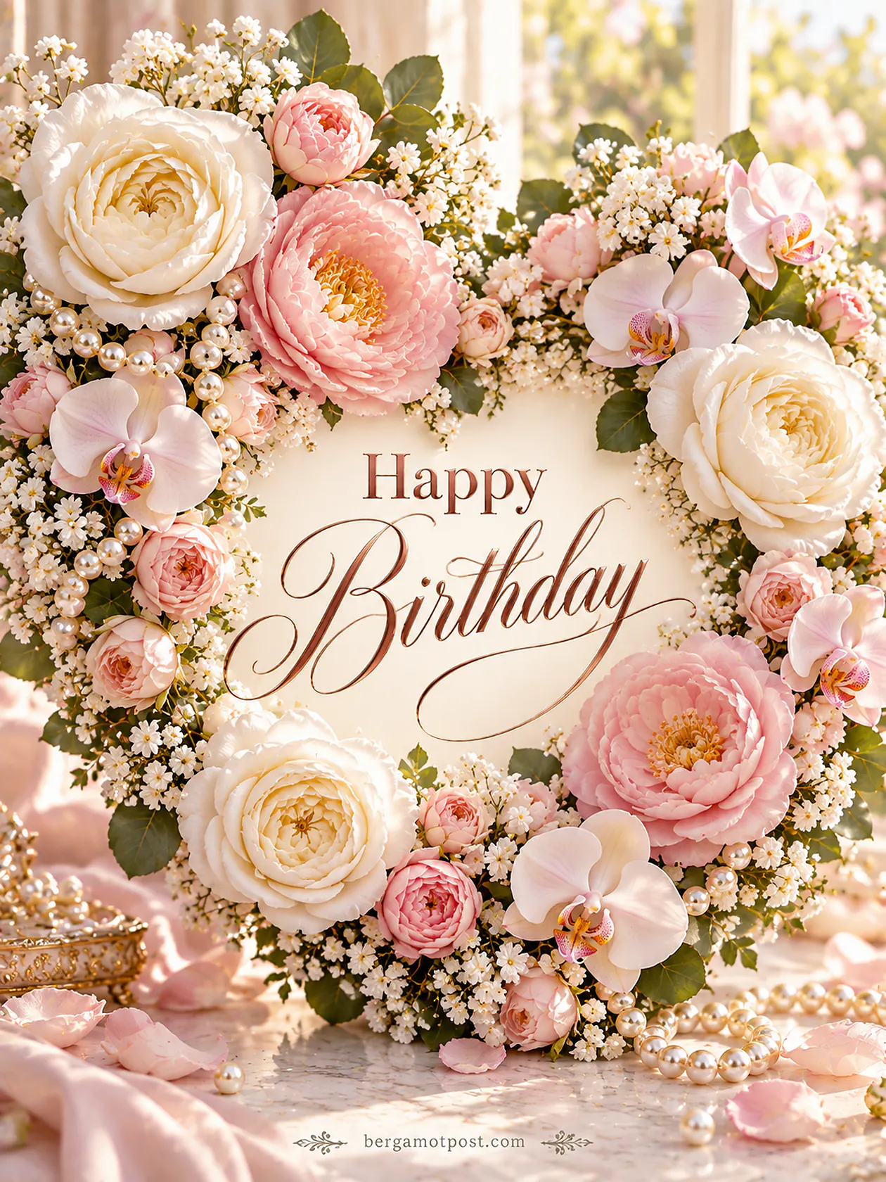 Happy Birthday Flower Wreath with Pearls – Image and Wishes