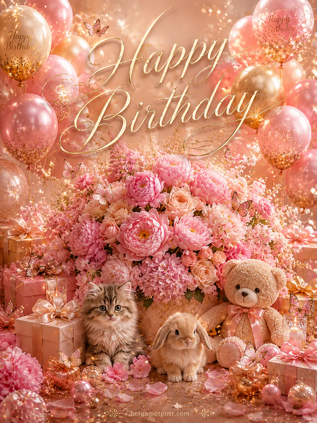 Birthday Wishes Card — Pink Peonies, Butterflies and a Fluffy Kitten