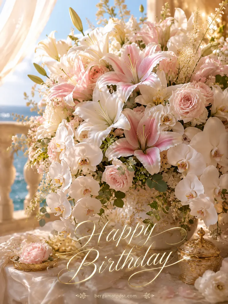 Happy Birthday Card — Pink Lilies and White Orchids by the Sea