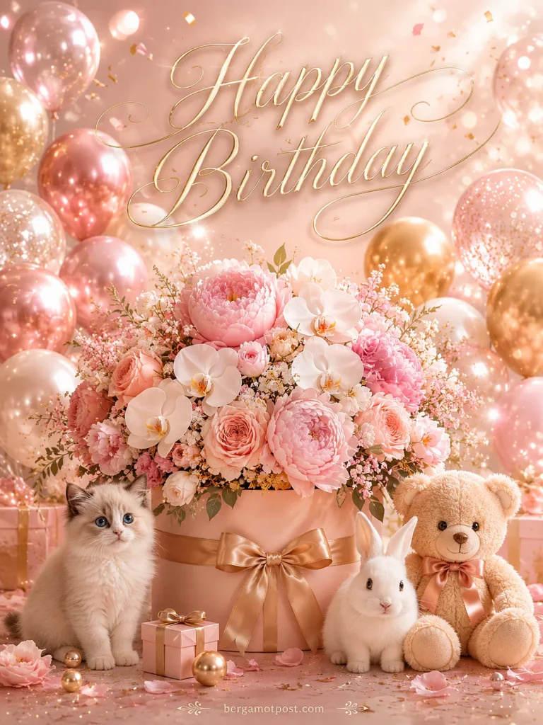 Animated Happy Birthday Card — Pink Peonies, Orchids and a Fluffy Kitten
