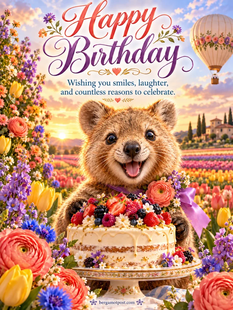 Happy Birthday Image with a Smiling Quokka in Tulip Fields