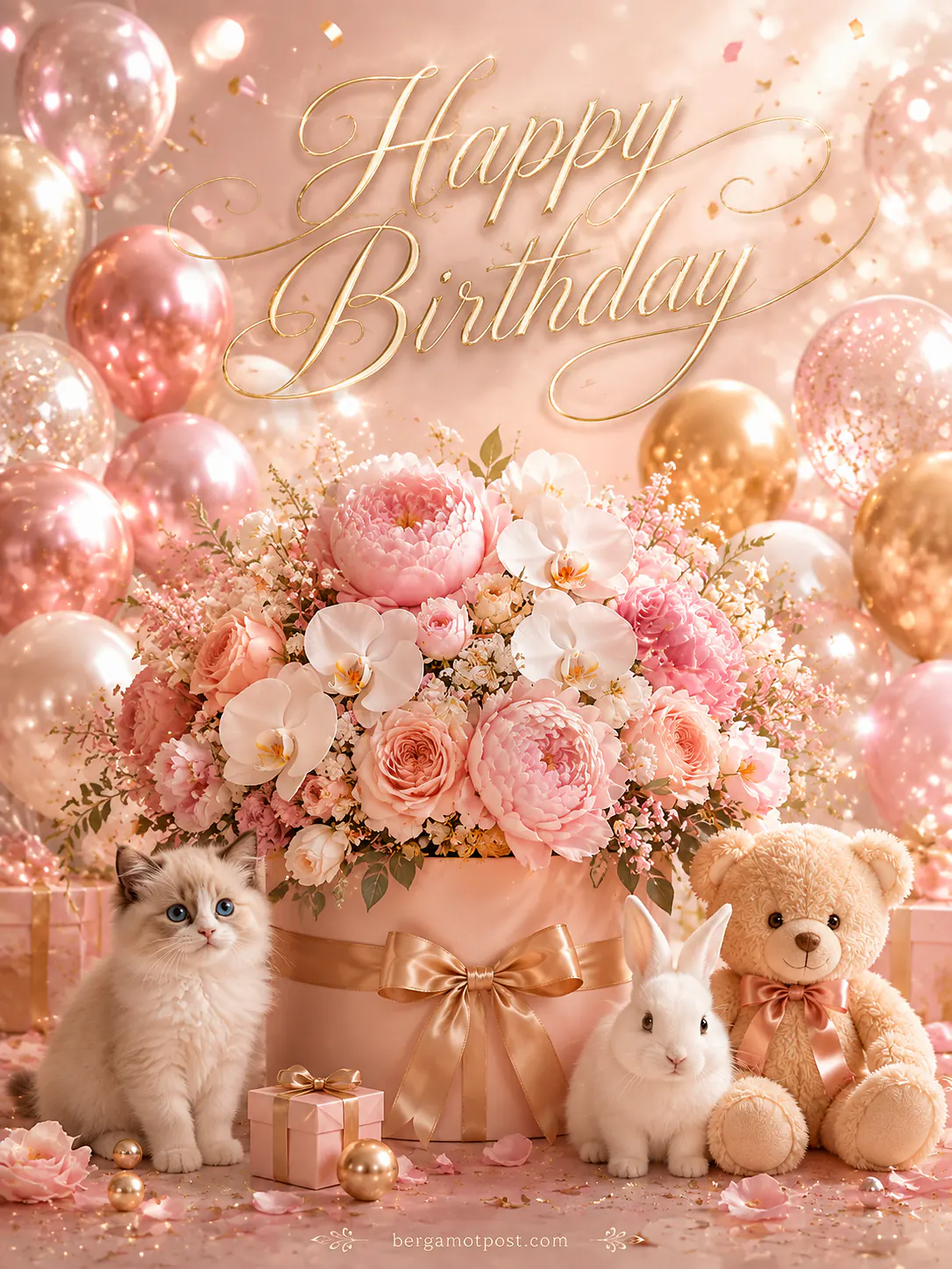 Happy Birthday Card — Blush Peonies with a Ragdoll Kitten, Bunny and Teddy Bear