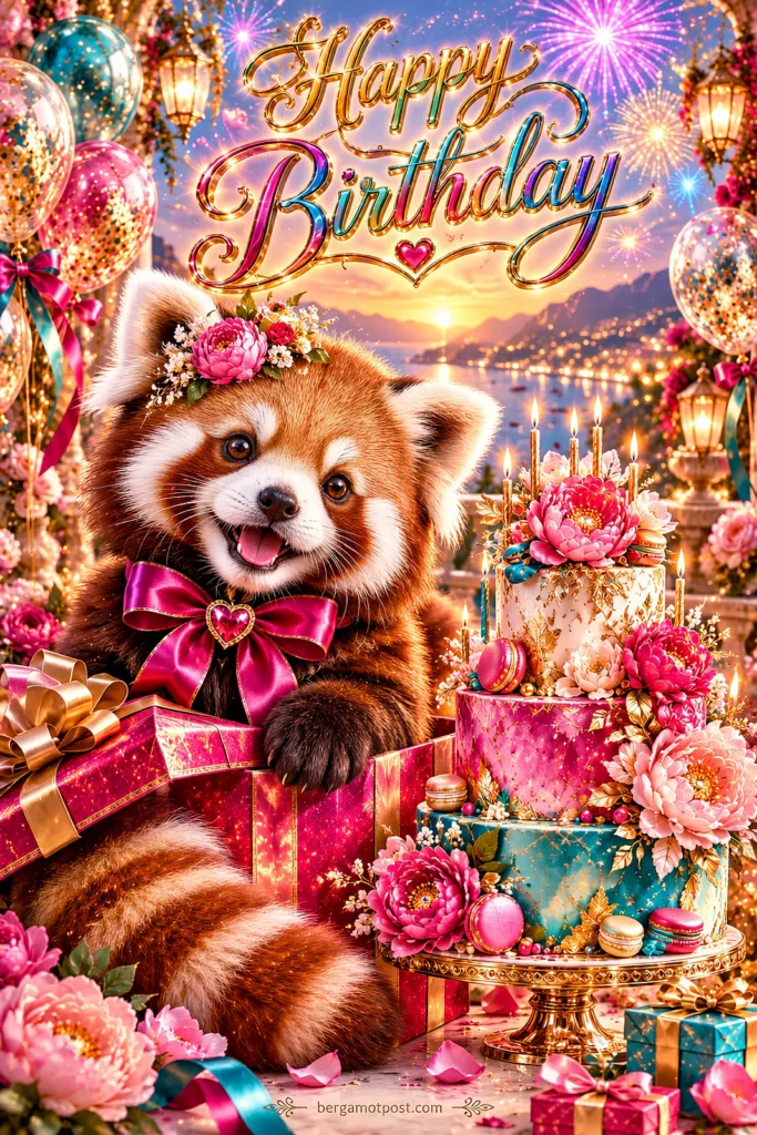 Happy Birthday Video Card — Red Panda with a Big Pink Gift Box