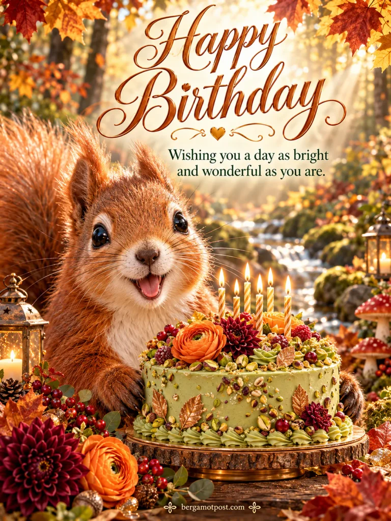 Happy Birthday Image with a Red Squirrel in an Autumn Forest