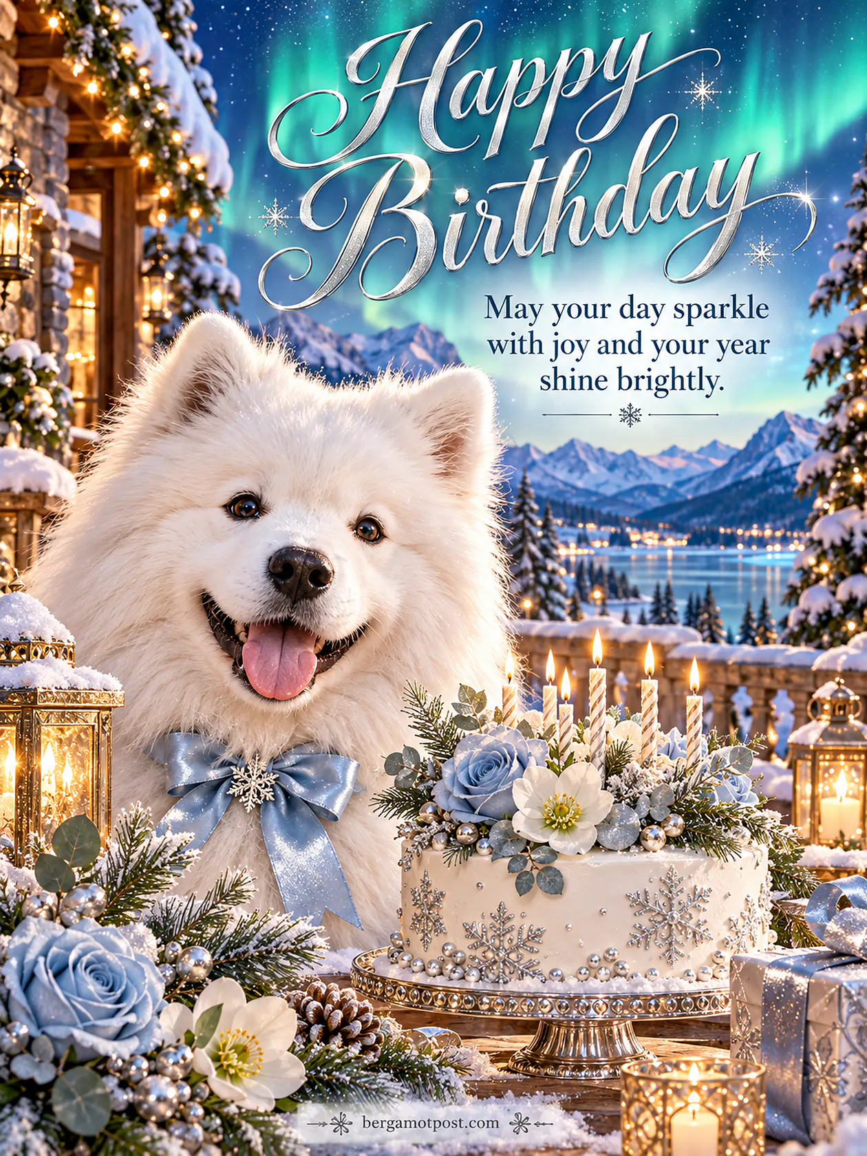 Happy Birthday Wishes Image with a Samoyed under the Northern Lights