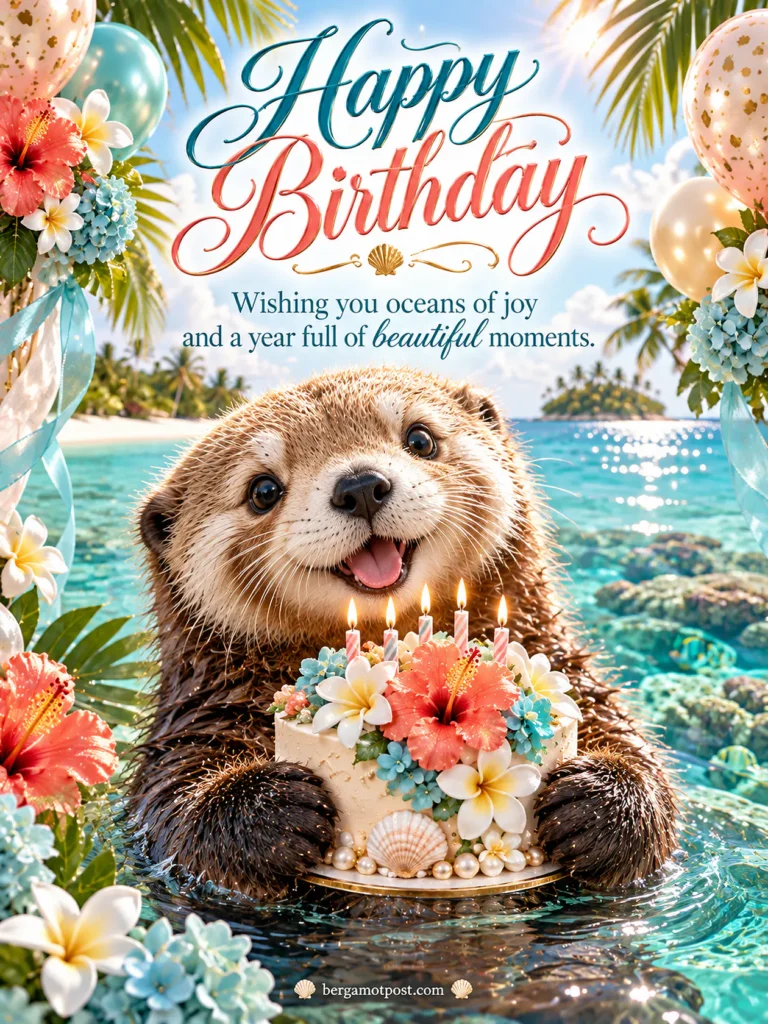 Happy Birthday Image with a Sea Otter in a Tropical Lagoon