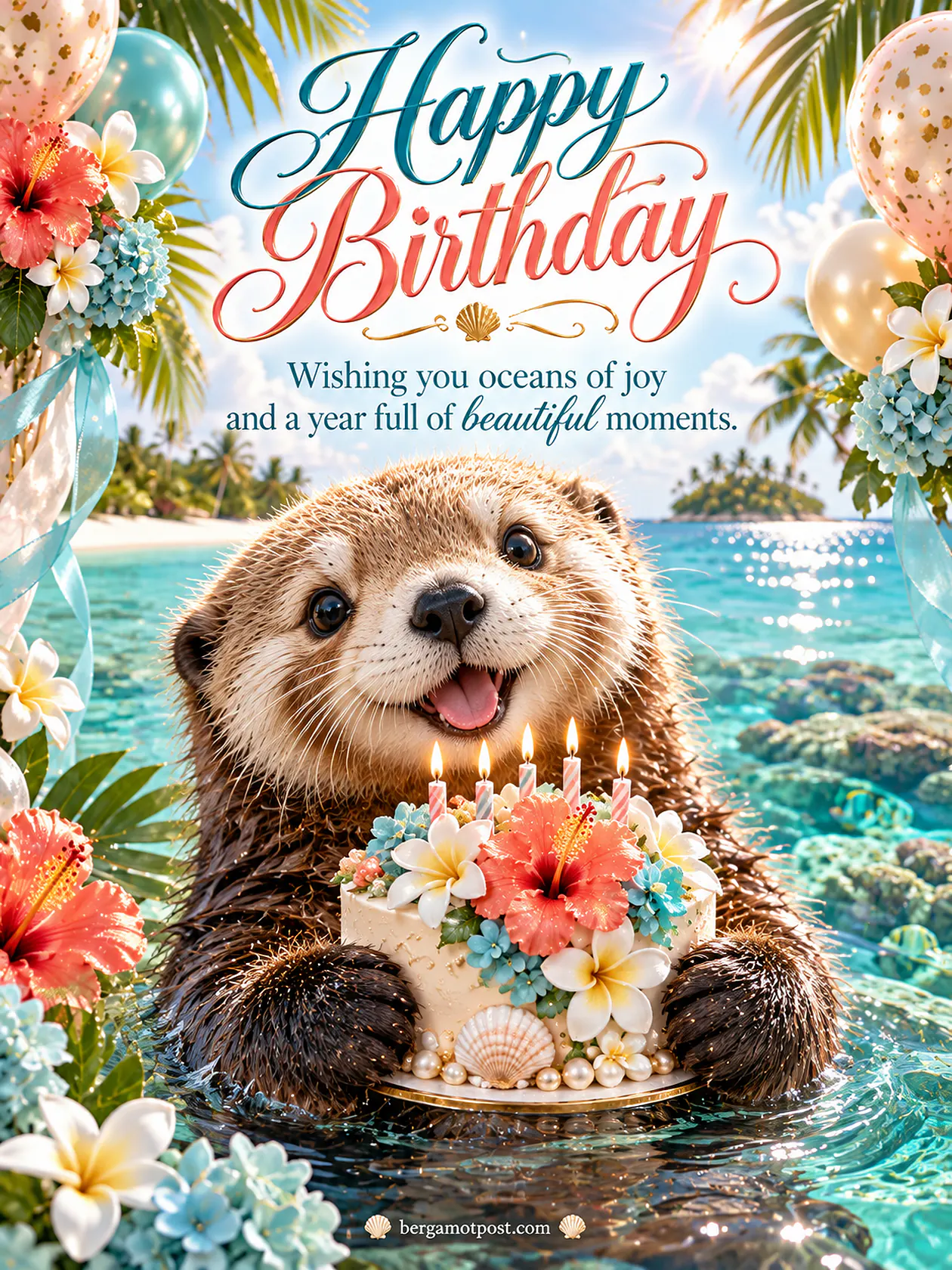Happy Birthday Image with a Sea Otter in a Tropical Lagoon