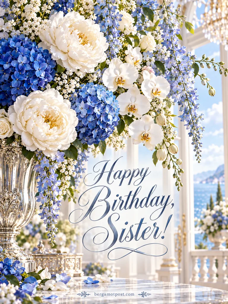 Happy Birthday Sister Wishes: Blue Hydrangeas and White Peonies
