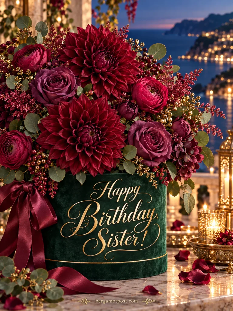 Burgundy Dahlia Bouquet Birthday Image for Sister