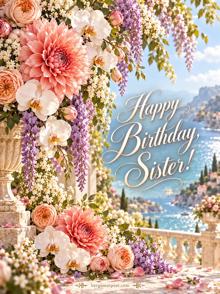 Happy Birthday Sister Image with Coral Dahlias and Wisteria by the Sea
