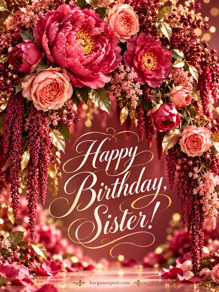 Happy Birthday Sis Card with Crimson Peonies and Gold Leaves