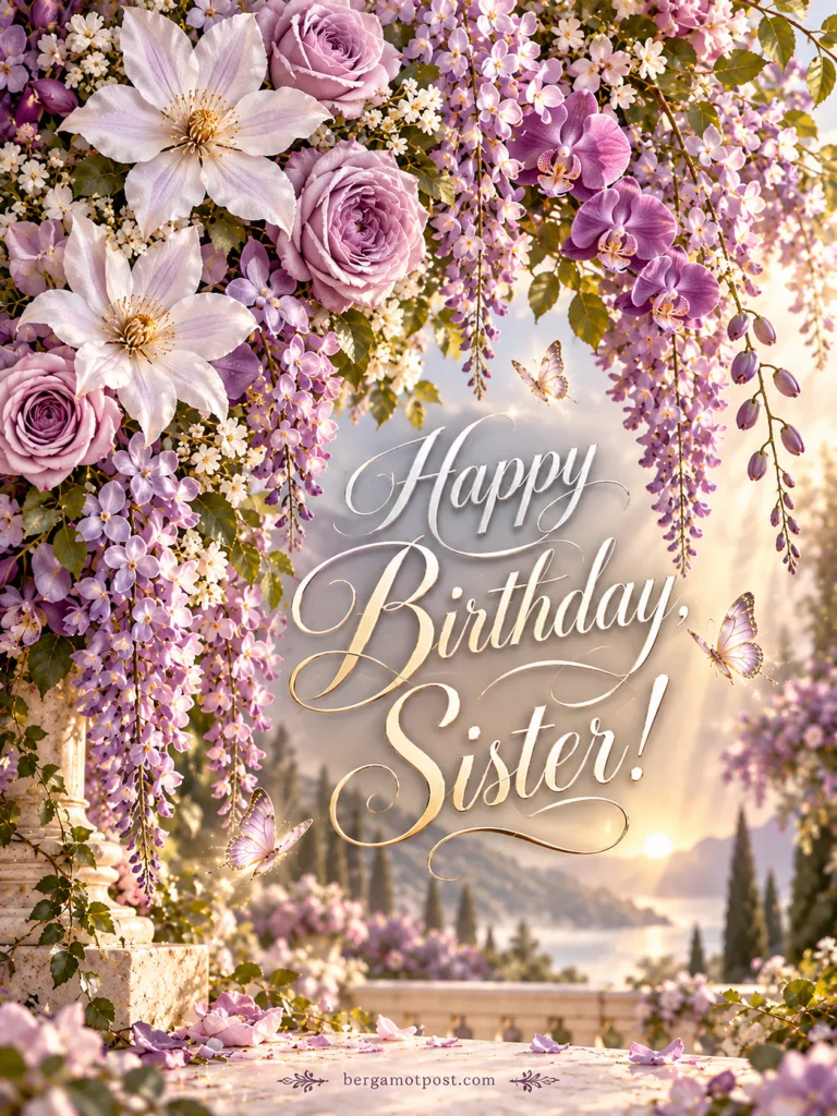 Birthday Wishes for Sister: Lavender Wisteria and Butterflies at Sunset