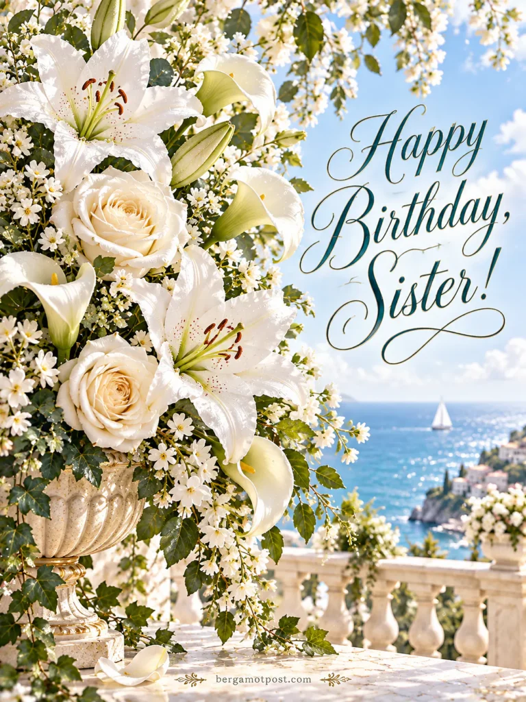 Happy Birthday Sister Picture with White Lilies and a Sea View