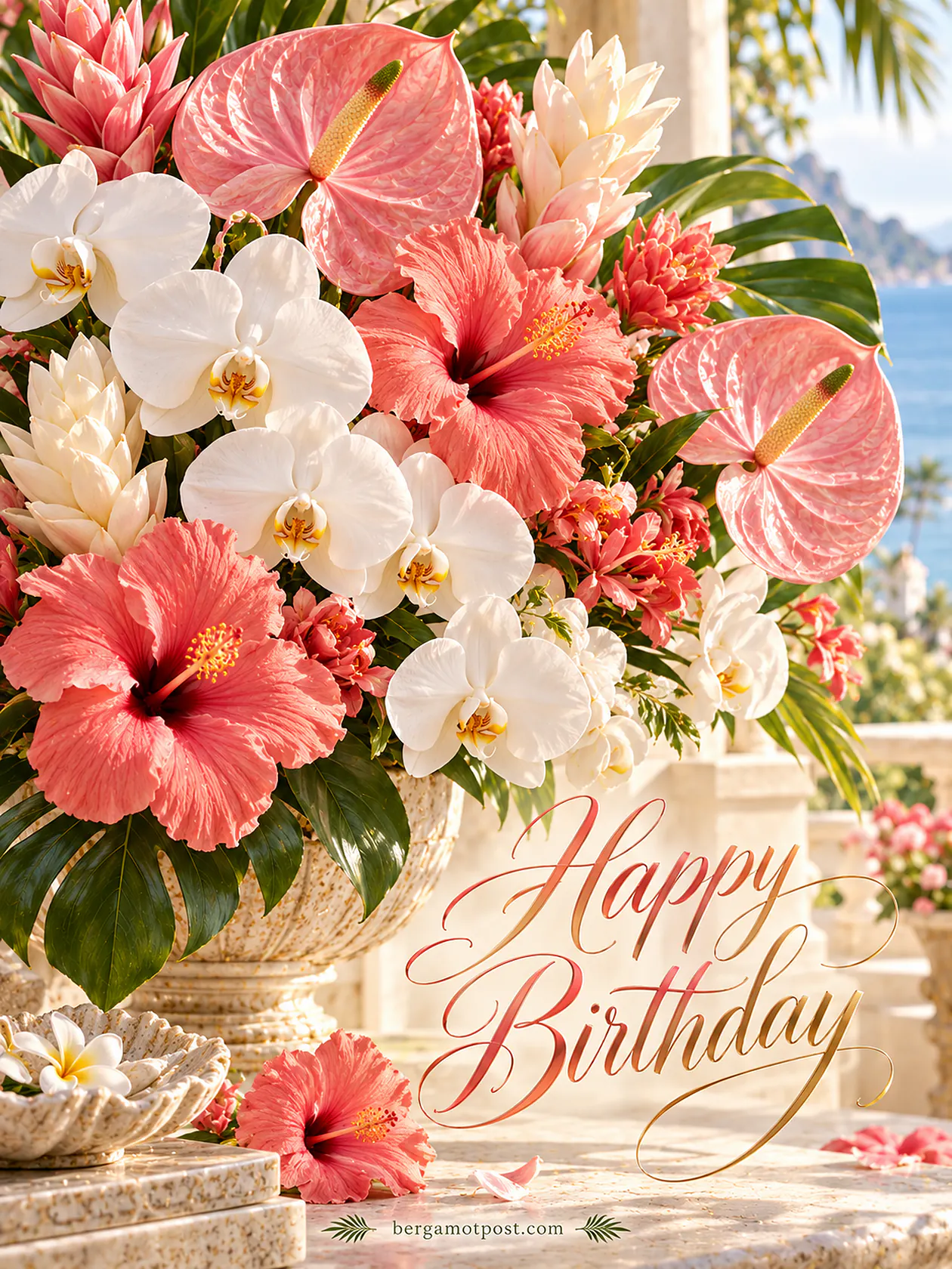Tropical Happy Birthday Image with Hibiscus and Orchids