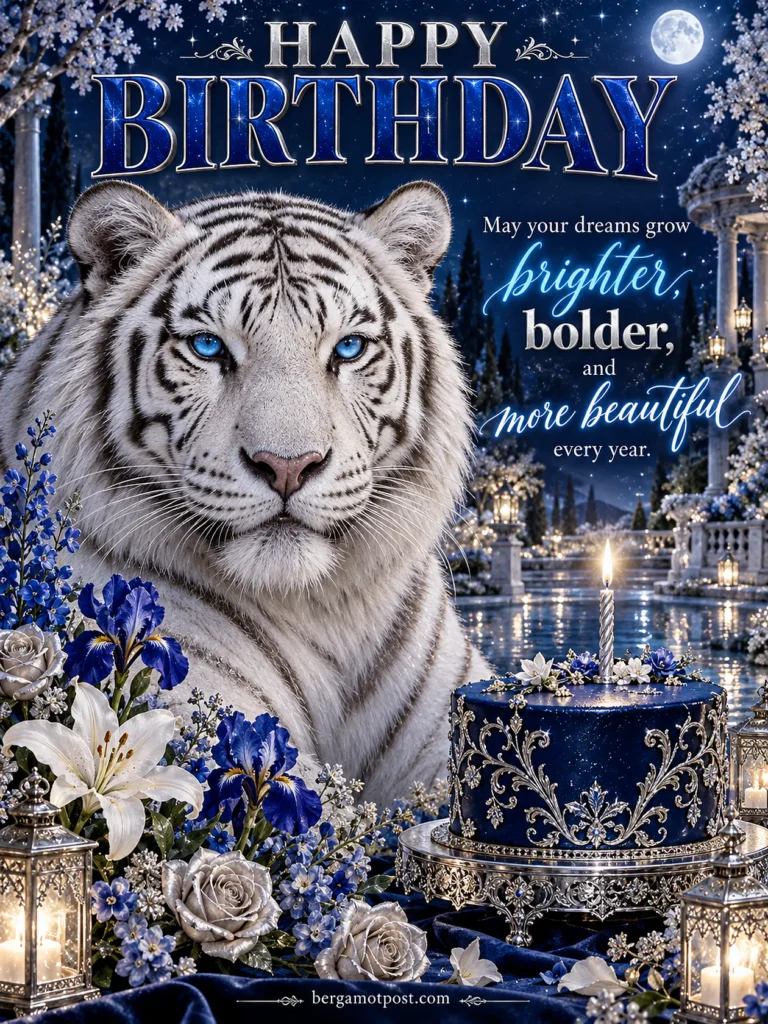 Happy Birthday Image with a White Tiger in a Midnight Garden