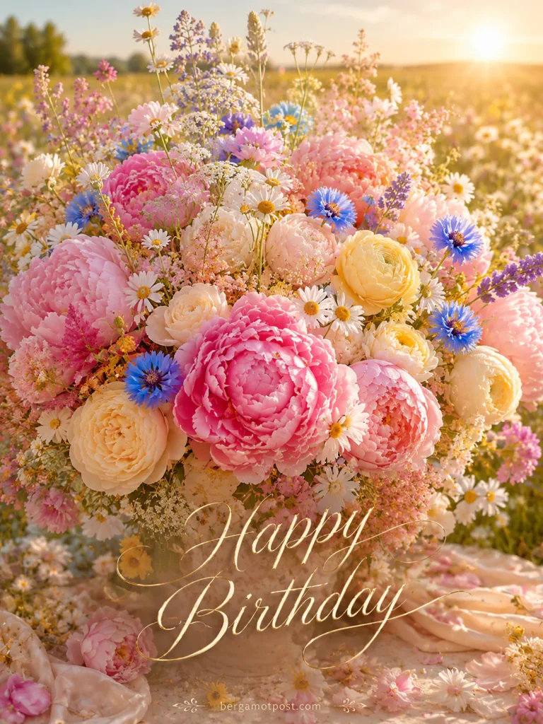 Wildflower Birthday Card — Peonies, Daisies and Cornflowers at Sunset