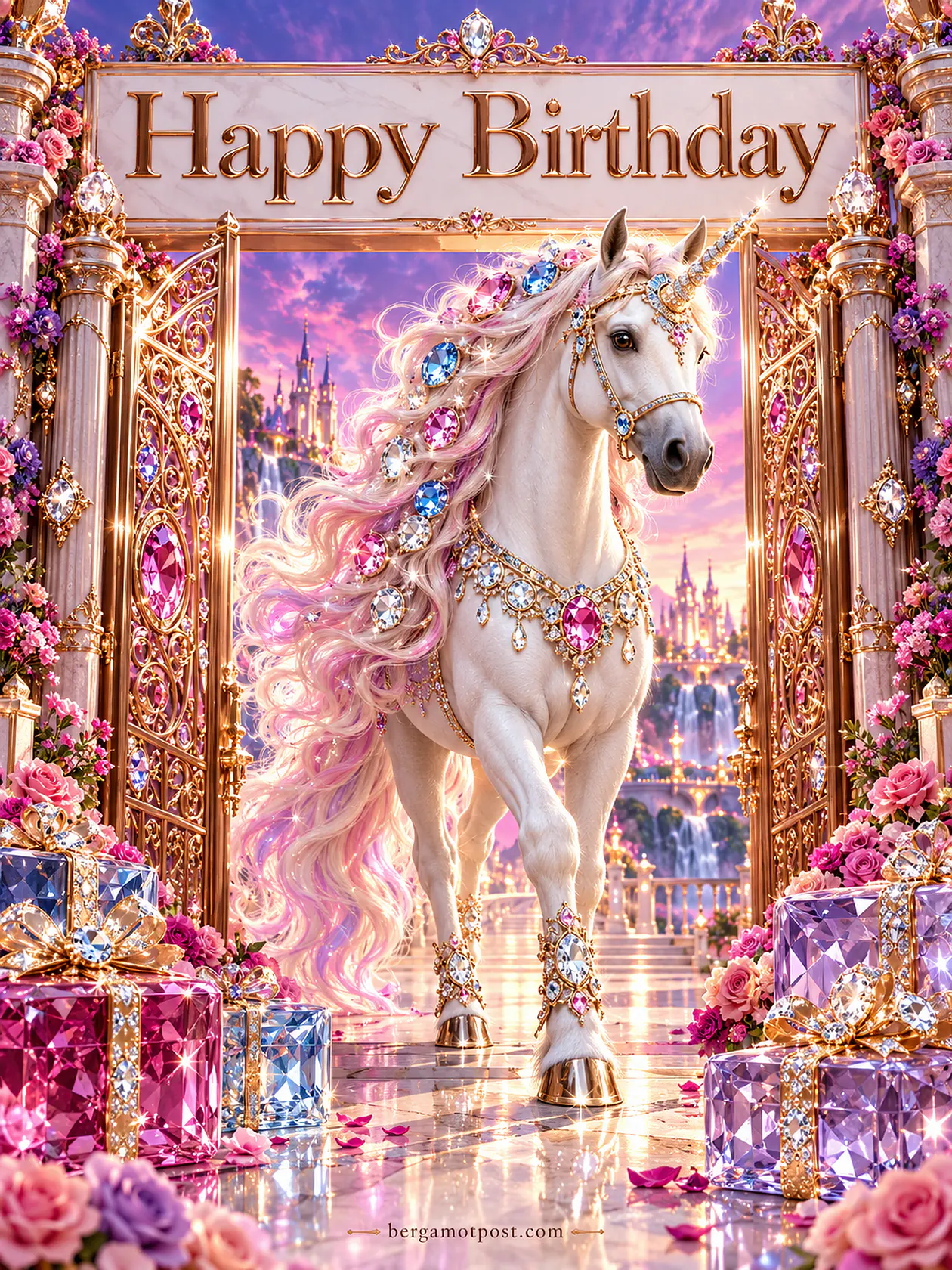 Happy Birthday Wishes Image — Unicorn Walking Through Golden Gates