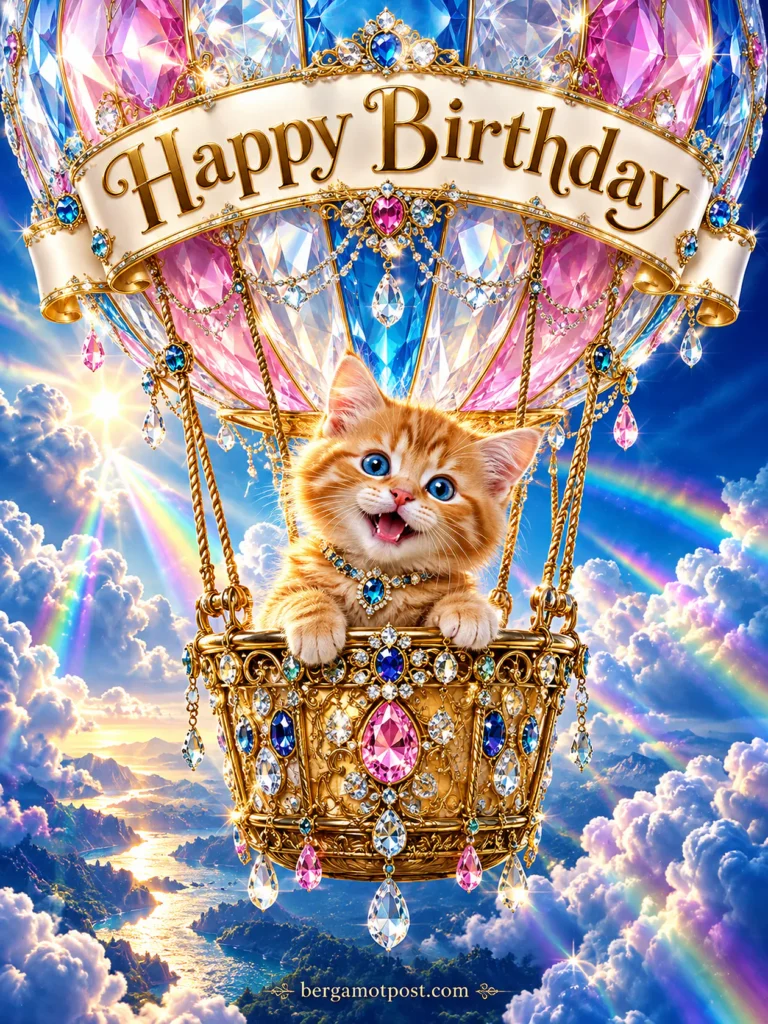 Happy Birthday Wishes — Kitten Flying in a Crystal Hot Air Balloon