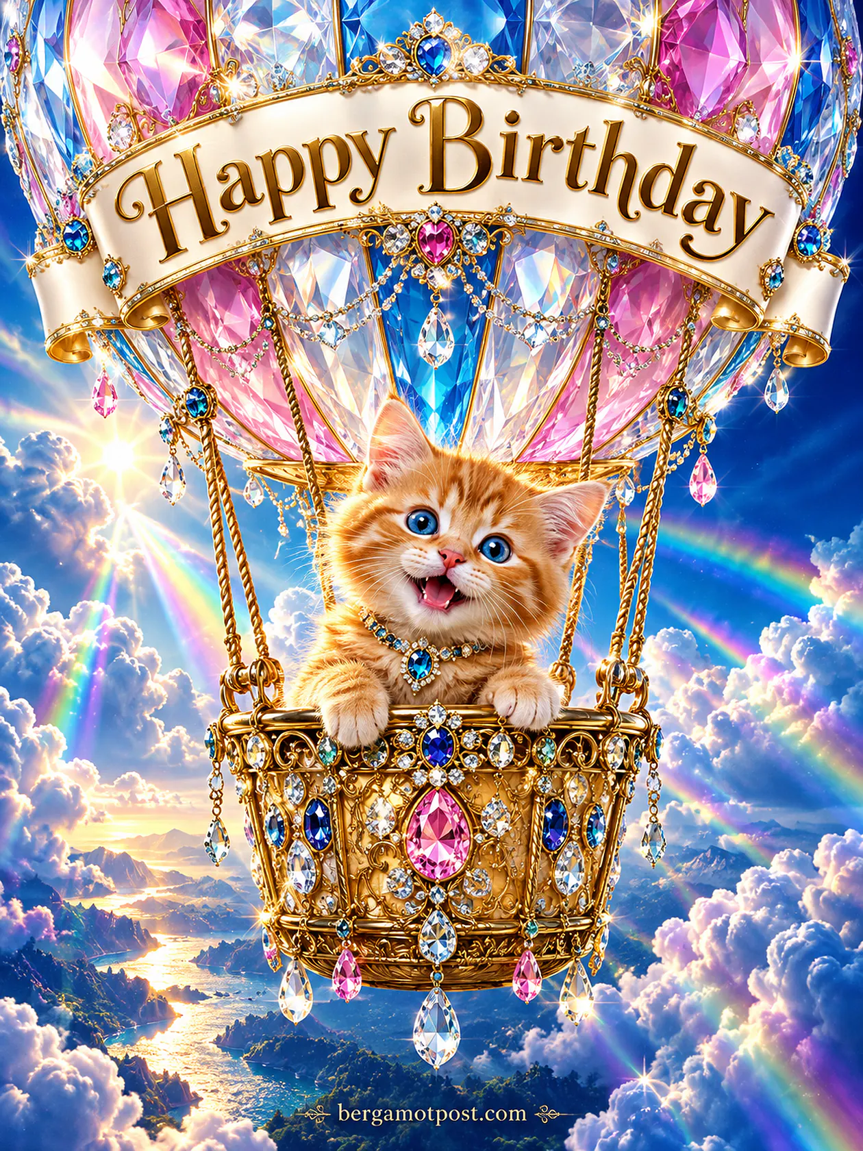Happy Birthday Wishes — Kitten Flying in a Crystal Hot Air Balloon