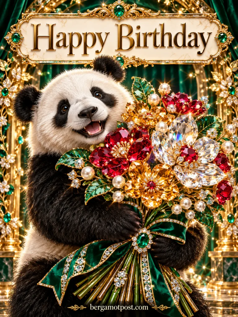 Happy Birthday Wishes — Panda with a Jeweled Bouquet