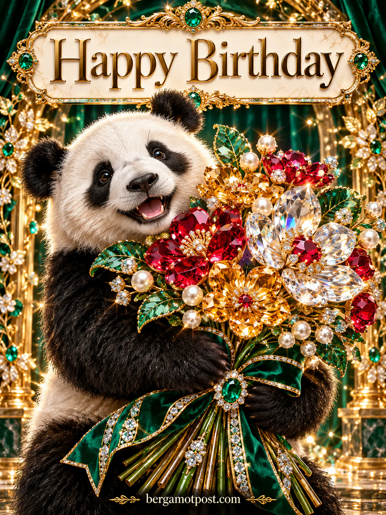 Happy Birthday Wishes — Panda with a Jeweled Bouquet