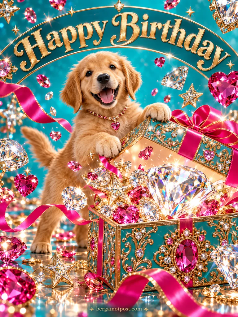 Happy Birthday Wishes — Puppy Opening a Treasure Box of Pink Hearts