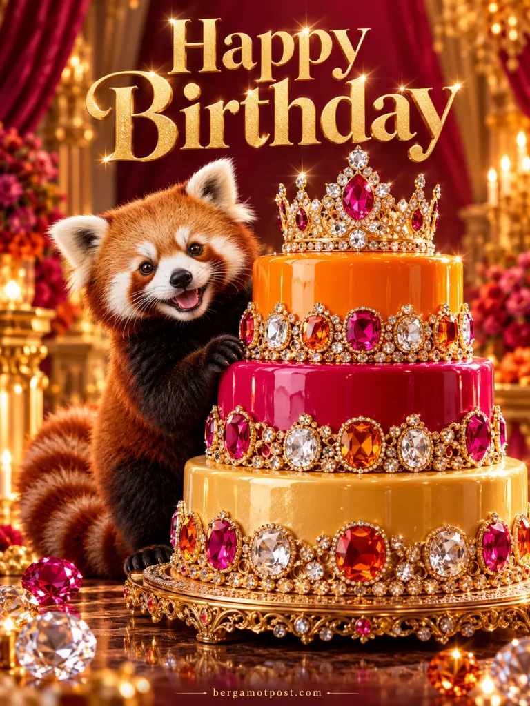 Happy Birthday Wishes — Red Panda and a Jeweled Three-Tier Cake