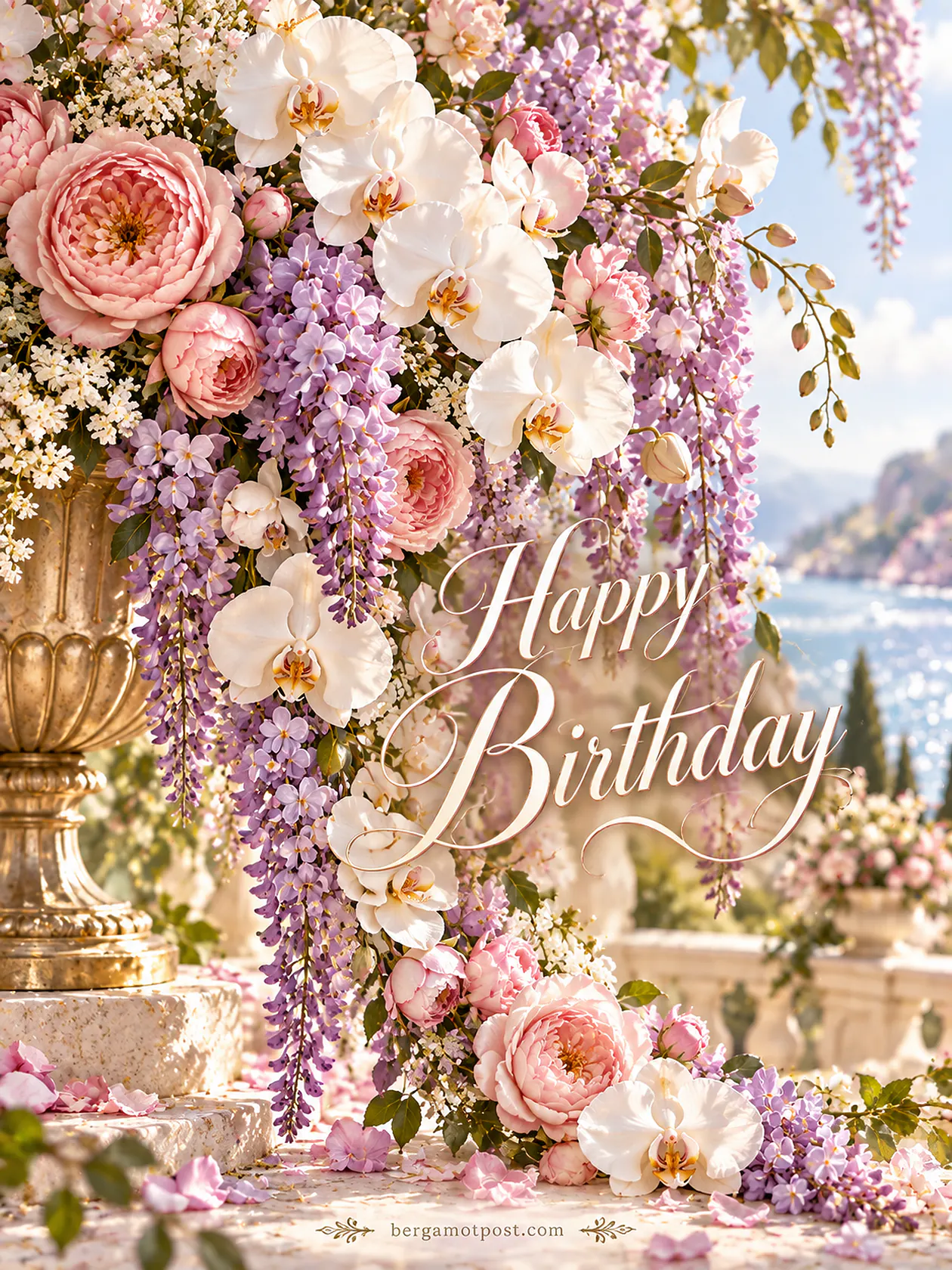 Happy Birthday Image with Wisteria and Orchids by the Sea