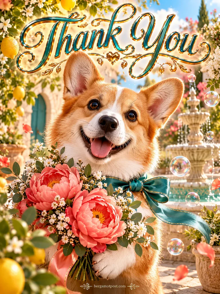 Thank You Video Card — Happy Corgi with Coral Peonies
