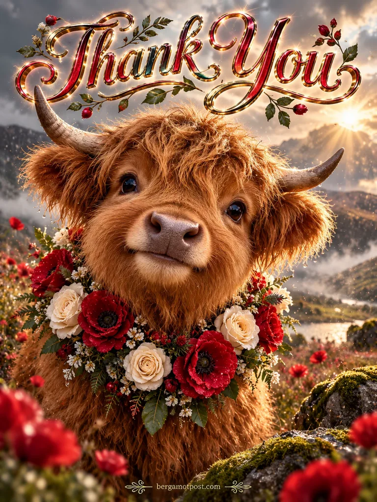 Thank You Video Card — Fluffy Highland Calf with a Rose Wreath