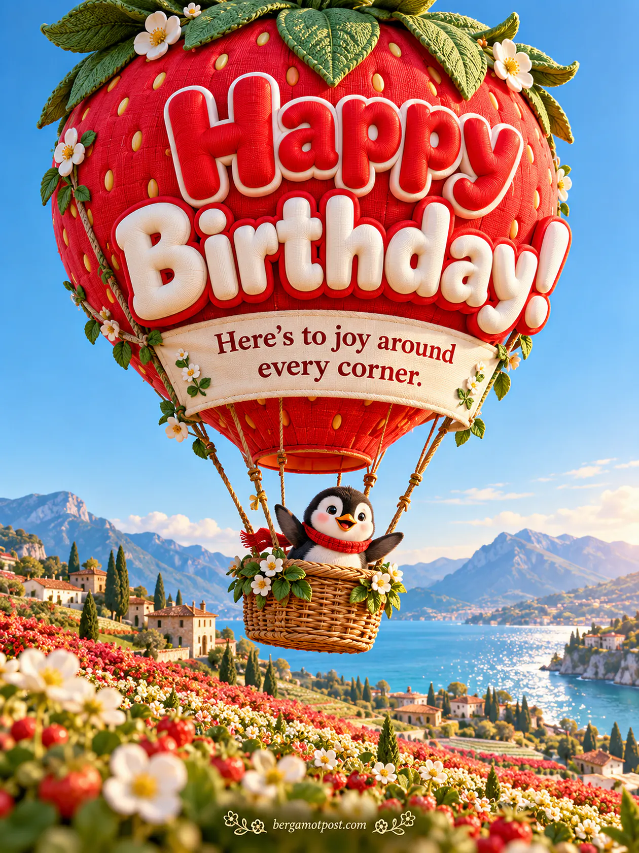 Happy Birthday Wishes — Joy Around Every Corner (Penguin in a Strawberry Balloon)